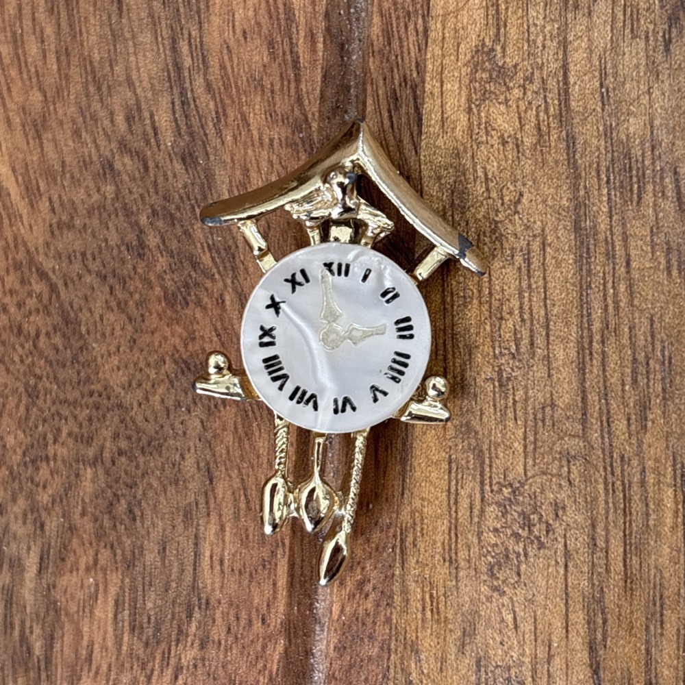 Vintage Mother of Pearl Gold Tone Cuckoo Clock Brooch Pin